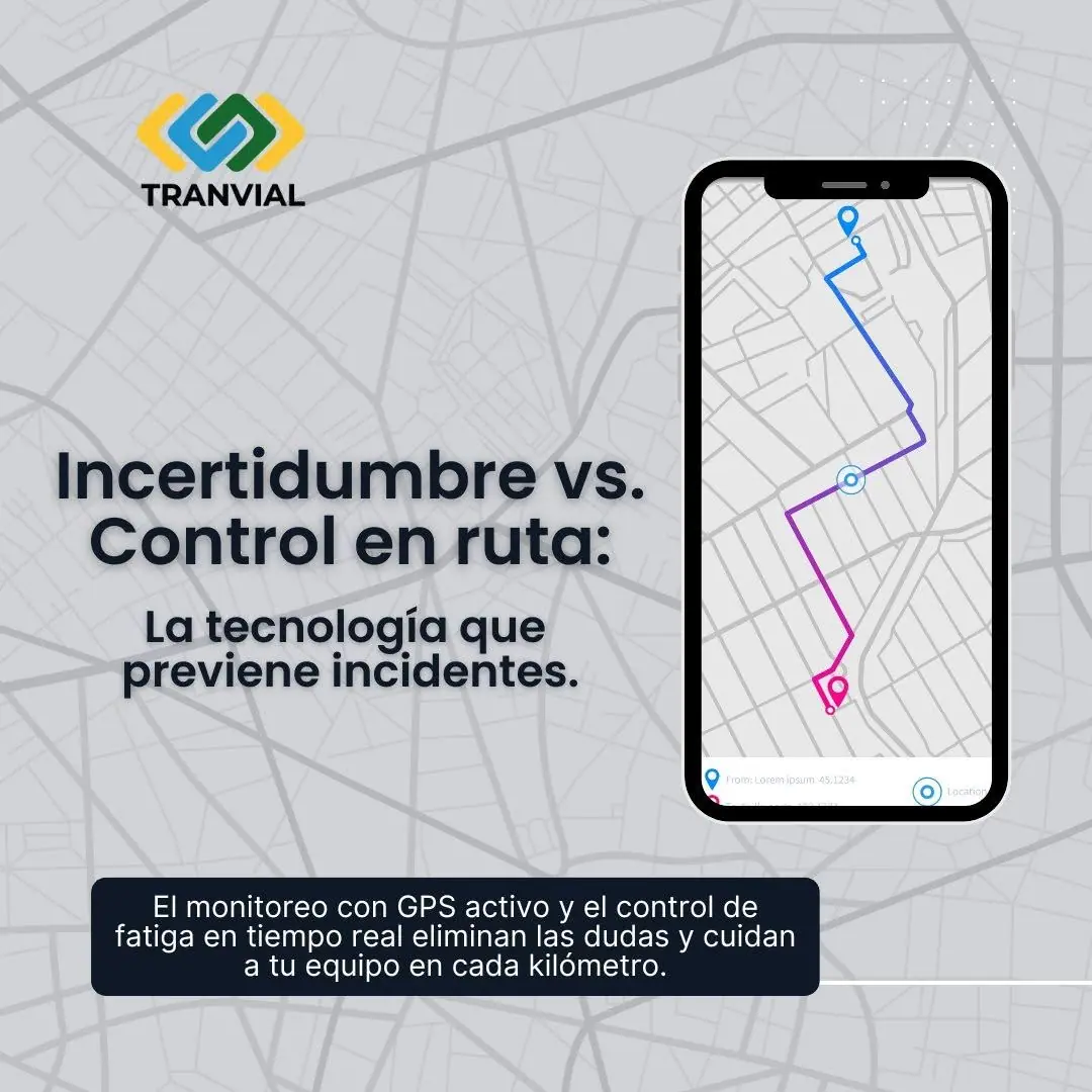 Gráfica de Tranvial en Instagram con una ilustración de un teléfono que muestra una ruta sobre un mapa. Texto: «Incertidumbre vs. control en ruta: la tecnología que previene incidentes».