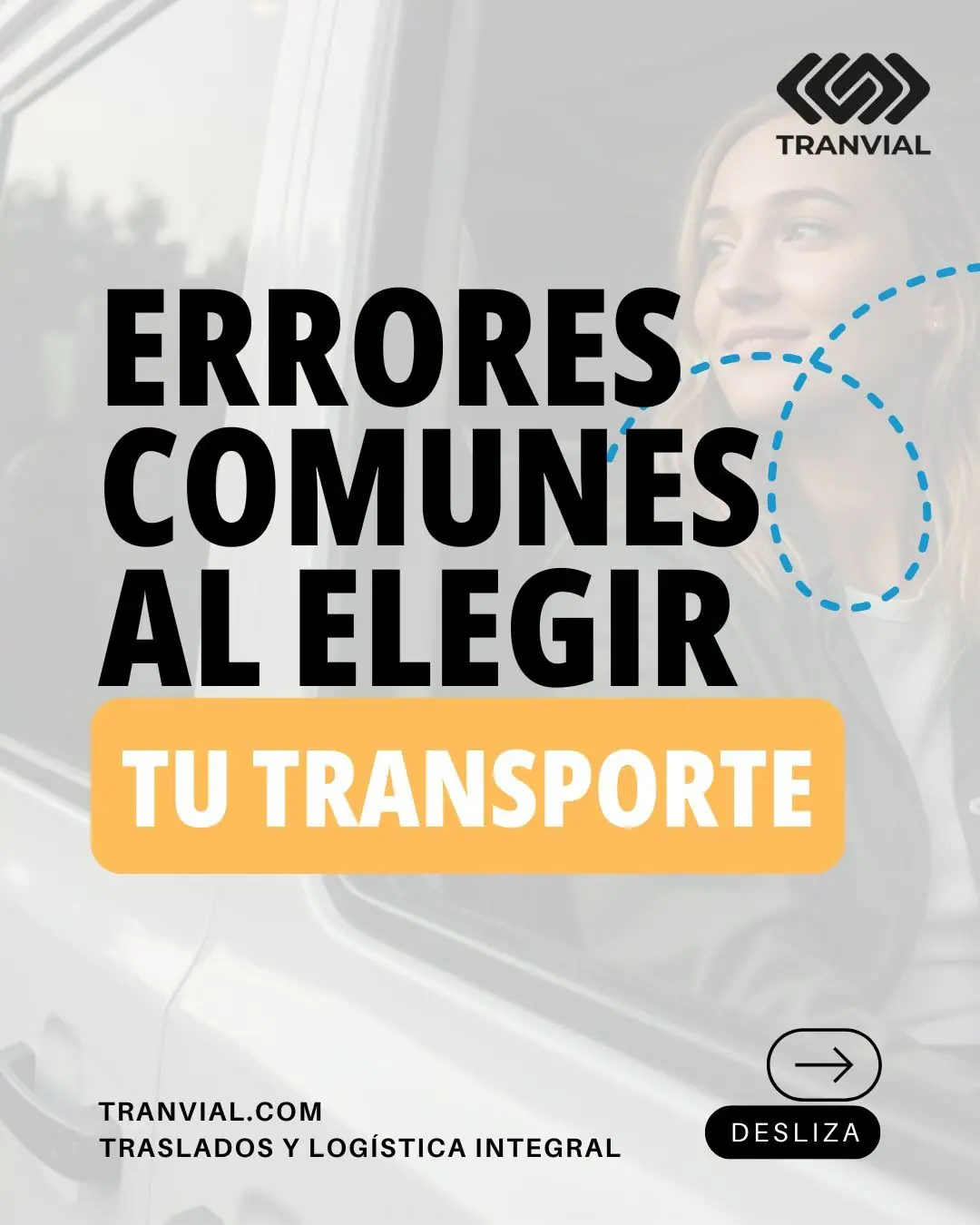 Gráfica de Tranvial en Instagram sobre fondo de cuadrícula blanca con una foto desaturada de banco de imágenes de una mujer junto a la ventana de un vehículo. Texto: «Errores comunes al elegir tu transporte».