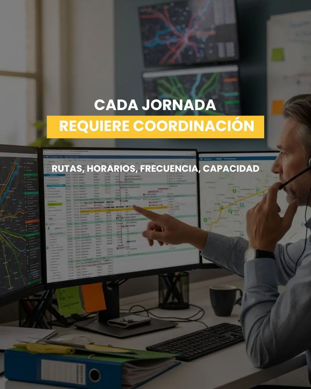 Gráfica de Tranvial con una imagen de aspecto generado por IA de un operador con audífonos frente a pantallas de planificación de rutas. Texto: «Cada jornada requiere coordinación. Rutas, horarios, frecuencia, capacidad».